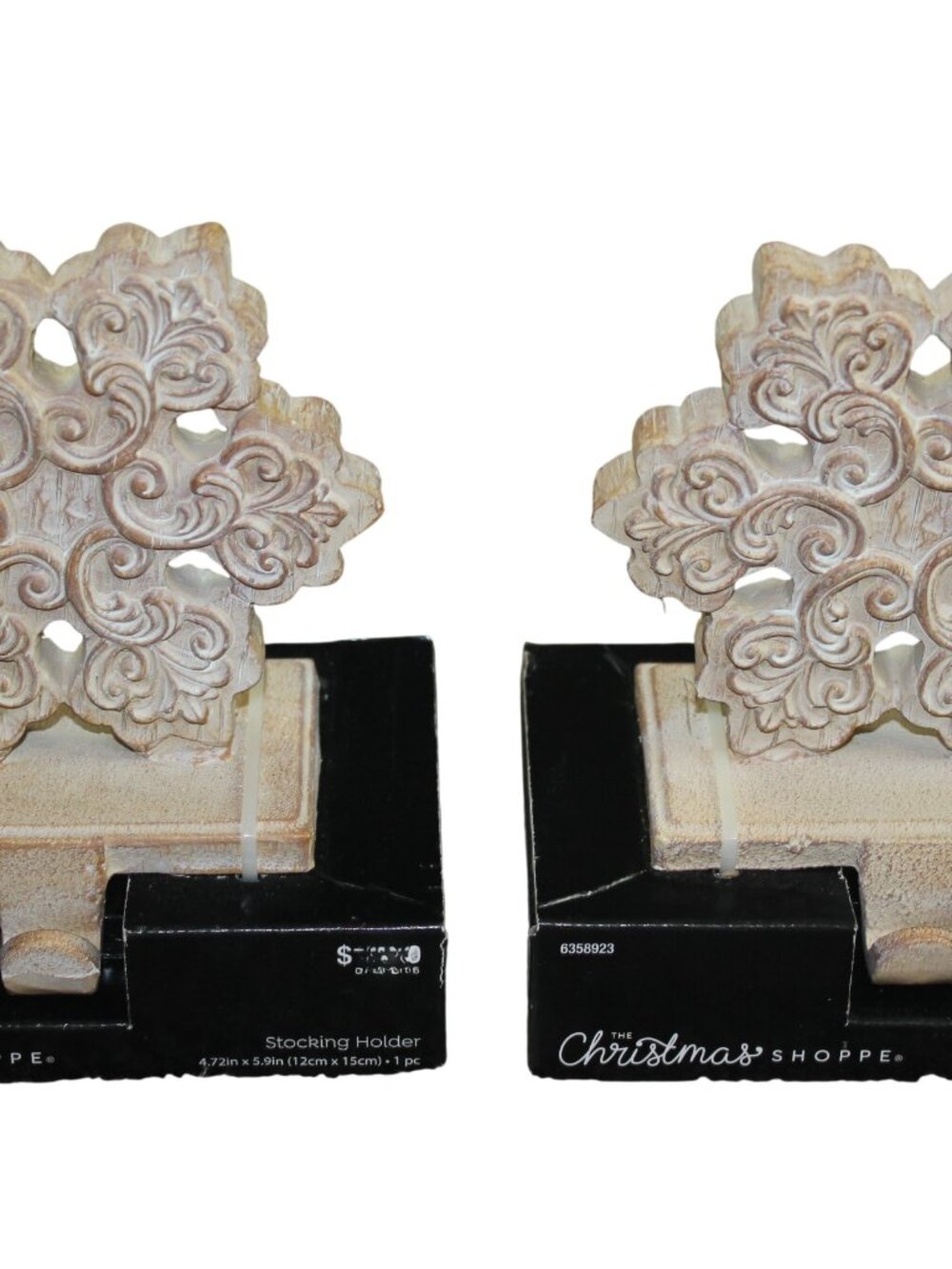 The Christmas Shoppe Snowflake Stocking Holder Set Hanger Tan White NEW
